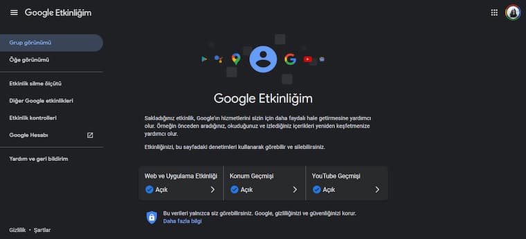 Google Etkinliklerim Karanlık Mod