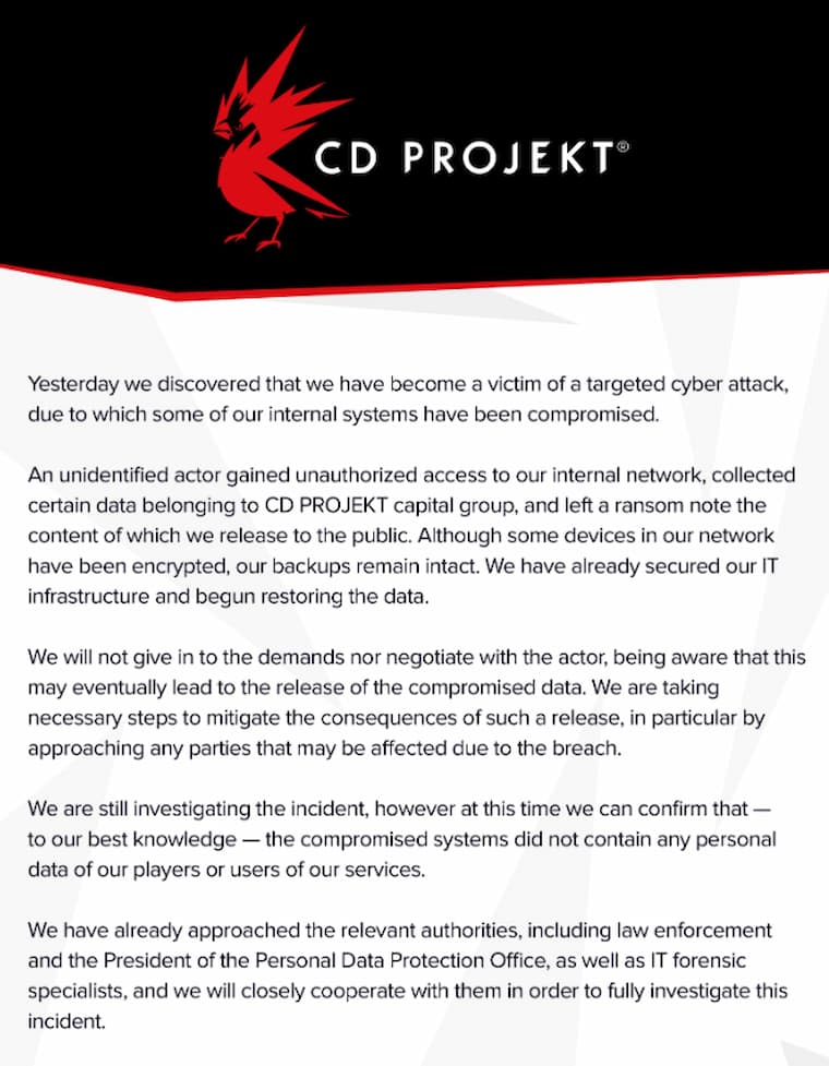 CD Projekt Red'in Yapmış Olduğu Açıklama